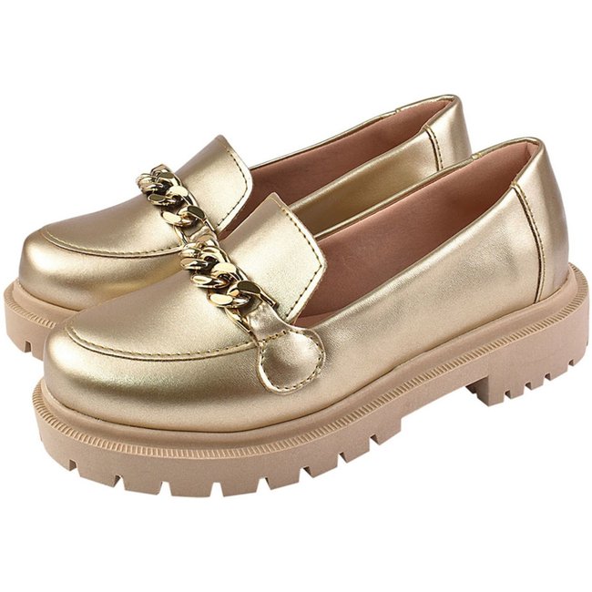 Sapato Feminino Mocassim Tratorado Donatella Shoes Bico Redondo Confort Ouro Light com corrente