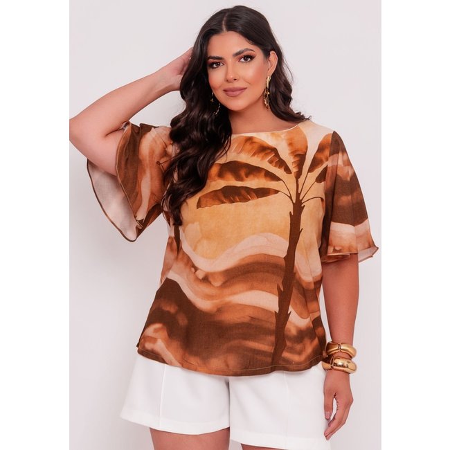 Blusa Estampada Plus Size em Viscose Manga Ampla Bege