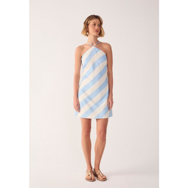 Vestido Feminino Dress To Linho Estampa Caminho do Mar Azul e Off-White