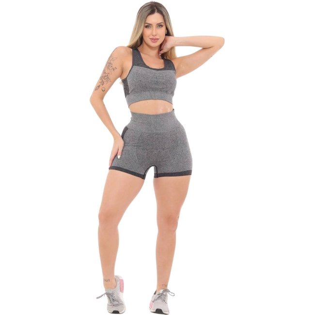 Conjunto Top e Shorts Fitness GARAIS MODA Cinza Claro com Preto