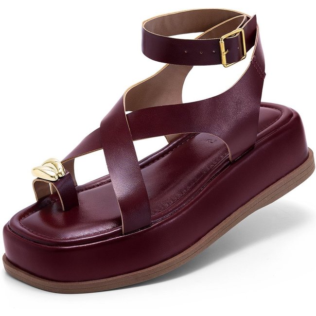 Sandália Feminina Lumiss Flatform Confortável Enfeite Metalizado Tiras Marsala