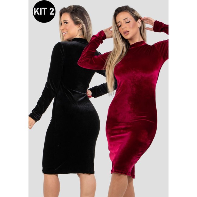 Kit 2 Vestidos Manga Longa 4 Estações Veludo Molhado Midi Festa Casual Inverno Preto/Vinho