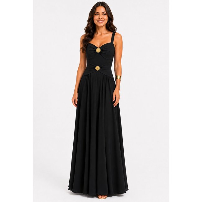 Vestido Longo com Botões Metálicos D Bell Outlet Fashion Preto