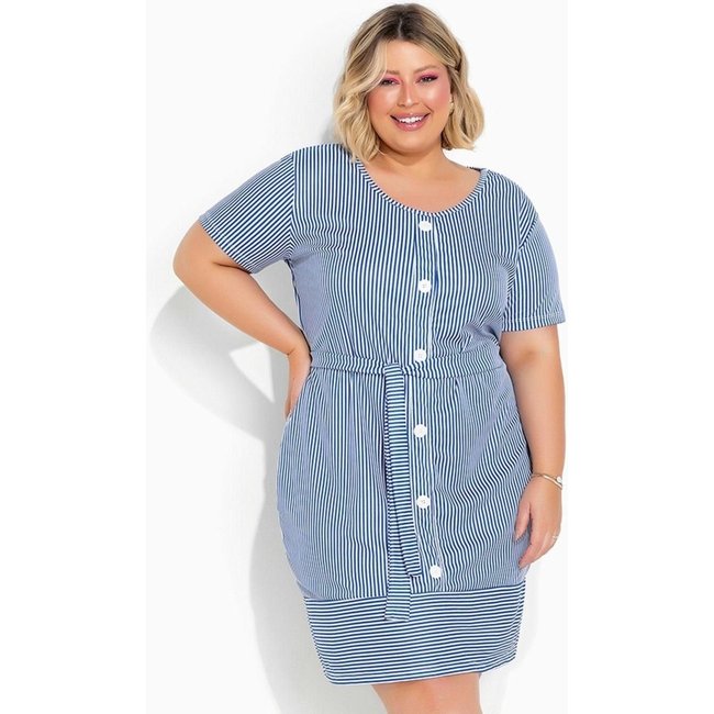 Vestido Com Faixa Plus Size Listras Navy Azul Marguerite