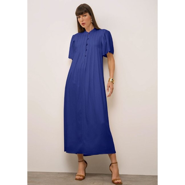 Vestido Iódice Solto Gola Padre Manga Curta Midi Azul