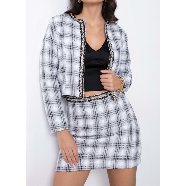 Casaco Tweed Pérolas Xadrez Cinza Quintess