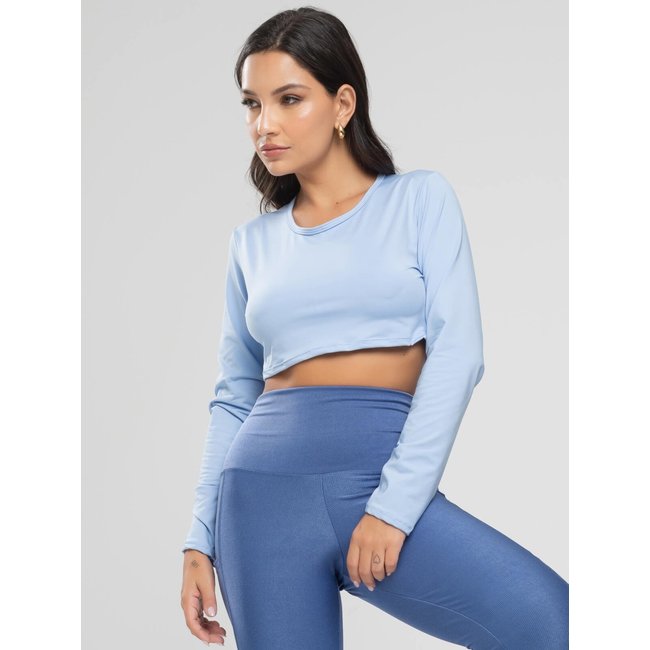 Top Cropped Academia Manga Longa Moda Fitness Tecido Proteção Solar Uv 50+ Vicbela Azul Claro