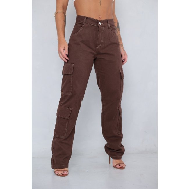 Calça Cargo Feminina Marrom Alleppo Jeans 4 Bolsos Funcionais