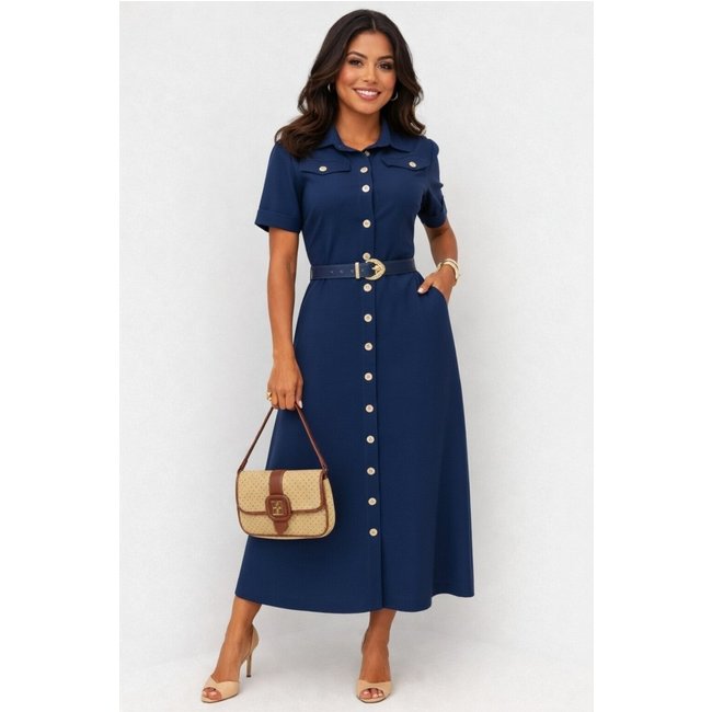 Vestido Longo D Bell Outlet Fashion Bolso Cinto Forrado Azul