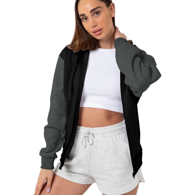 Blusa Moletom Feminina de Zíper Com Capuz e Bolso Canguru 2 Cores Estilo Casual Liso