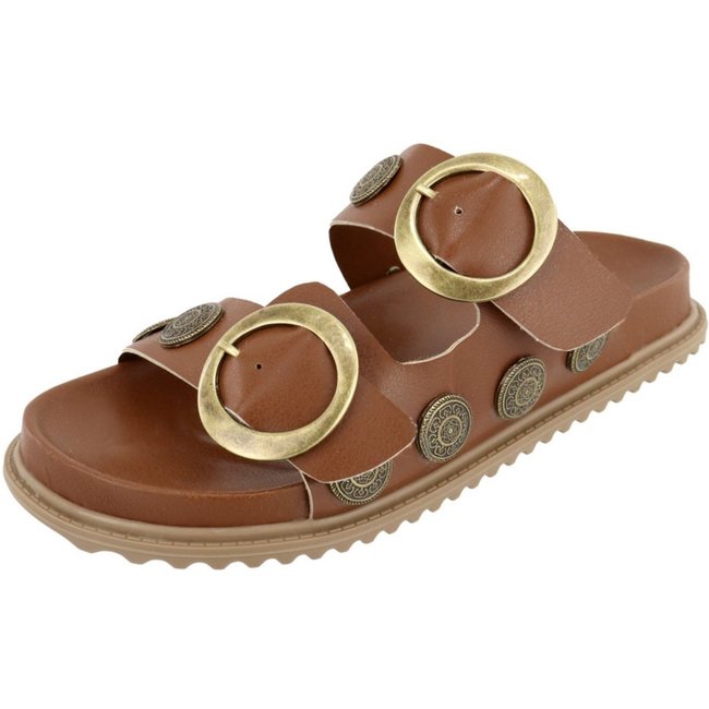 Sandalia Fivela Papete Metal Enfeite Medalha Lateral Rasteira Lançamento Verão Tendência Agnes Veronez Caramelo