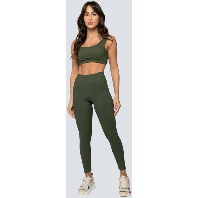 Conjunto Fit One Yoga Canelado Legging e Top com bojo removível Verde Militar
