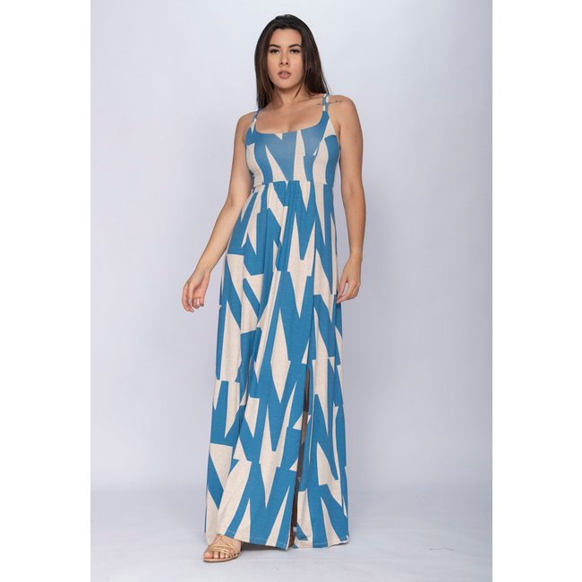 Vestido CabanaFree Longo Jambo Malha Aberturas Geométrico Azul