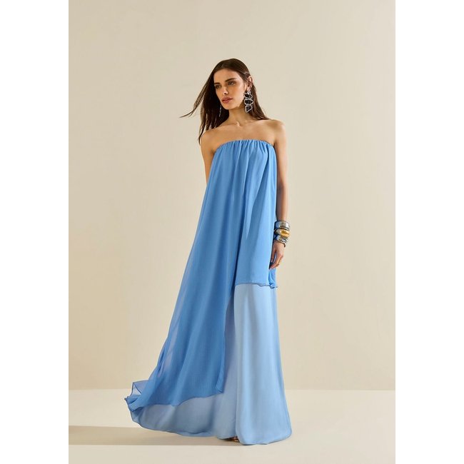 Vestido Morena Rosa Solto Decote Reto Sem Manga Longo Azul