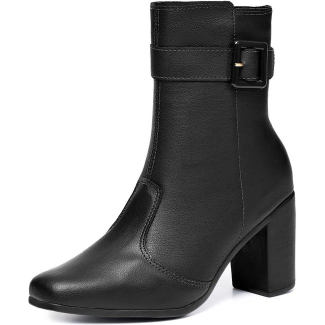 Bota Feminina Lumiss Confortável Cano Médio Salto Alto Bloco Fivela Bico Quadrado Preto