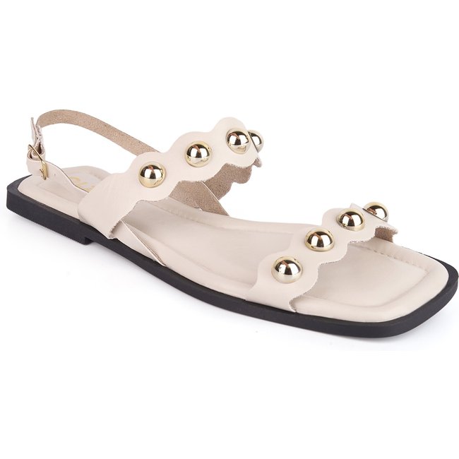 Sandália Rasteira Feminina Detalhe Cravos Dourados Moderno Casual Confortável Tendência Verão Olzzy Off-White