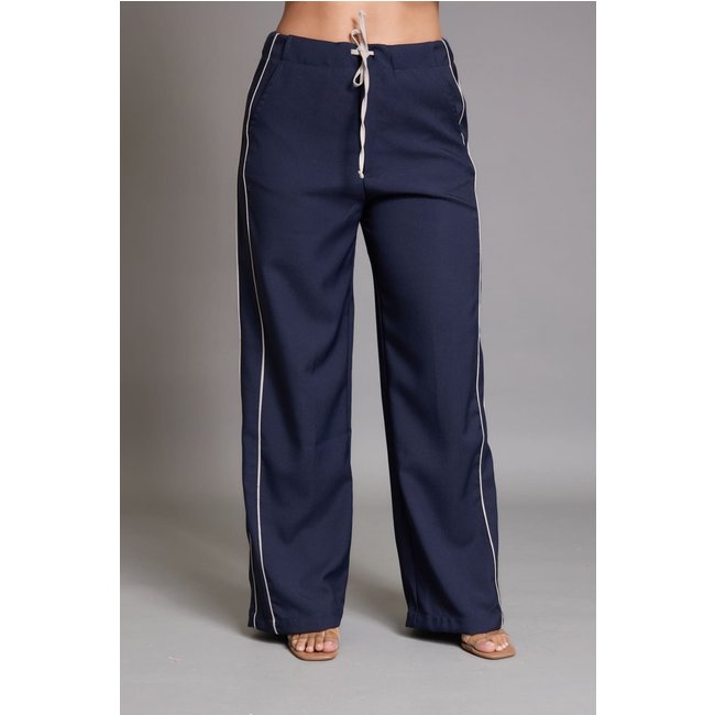 Calça Pantalona Feminina com Faixa Lateral e Cordão Lemier Marinho