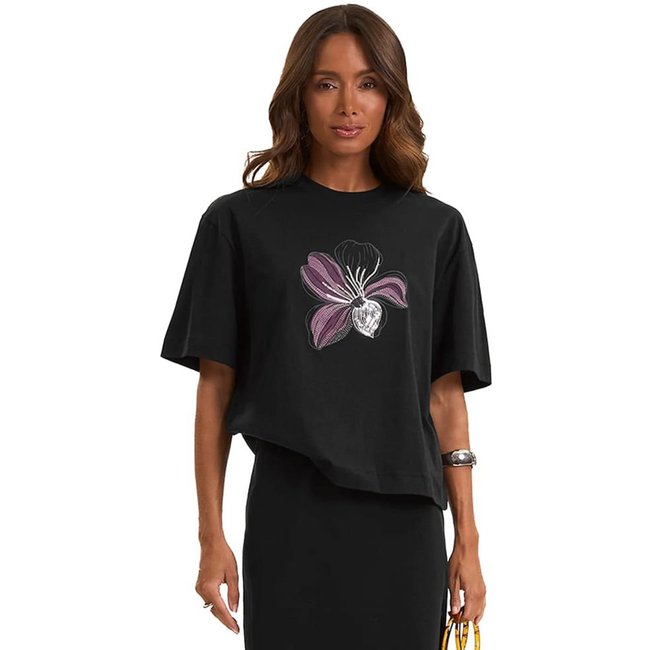 Camiseta Feminina Rovitex Estampa Flor Bordada Preto