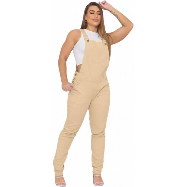 Macacão Feminino Jardineira Sarja Creme Slim