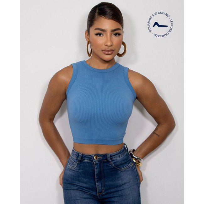Regata Cropped Feminina Canelada Poliamida 99225 Azul Consciência