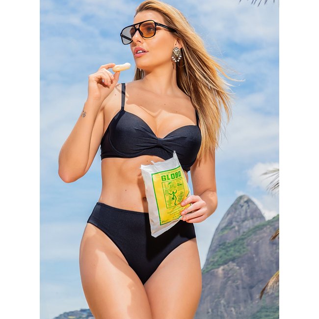 Biquíni Feminino Orla da Praia Com Bojo Meia Taça e Calcinha Cintura Média Preto