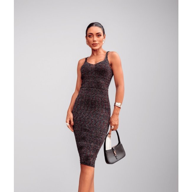Vestido Cherry Line Midi Lurex Alça Fina Decote Frente e costas Tricô Preto