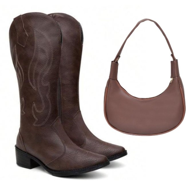 Kit Bota Feminina Cano Alto Anna Andrade Western Bico Fino Texana Bordada Salto Baixo Bolsa Café