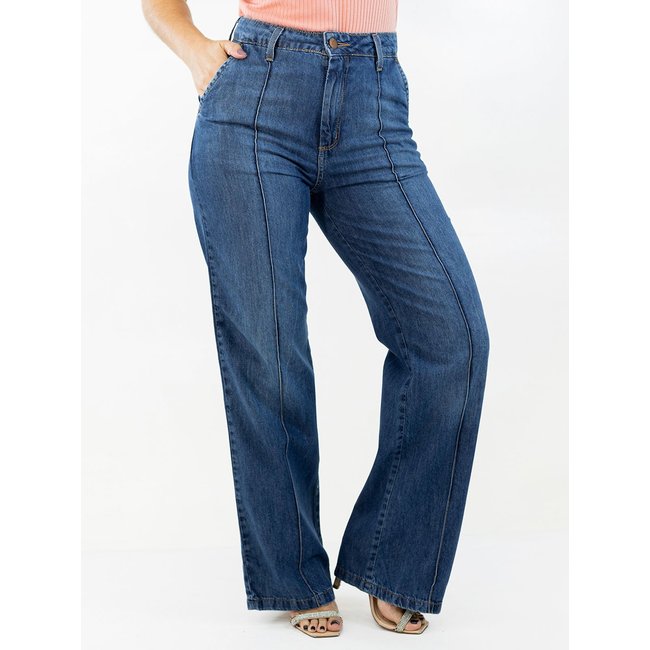 Calça Feminina Jeans Pantalona Cintura Alta Friso Frontal Anticorpus