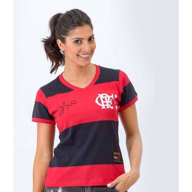 Camisa Braziline Flamengo Zico 81 - Feminina - Pretovermelho