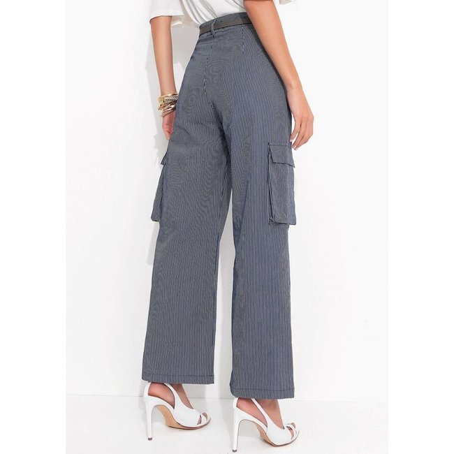Calça Cargo Listrado Azul Em Sarja Quintess