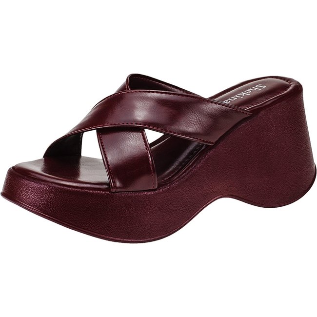 Tamanco Feminino Sapato Plataforma Salto Anabela Sandália Chinelo Shekinah Tiras Cruzadas Conforto Marsala