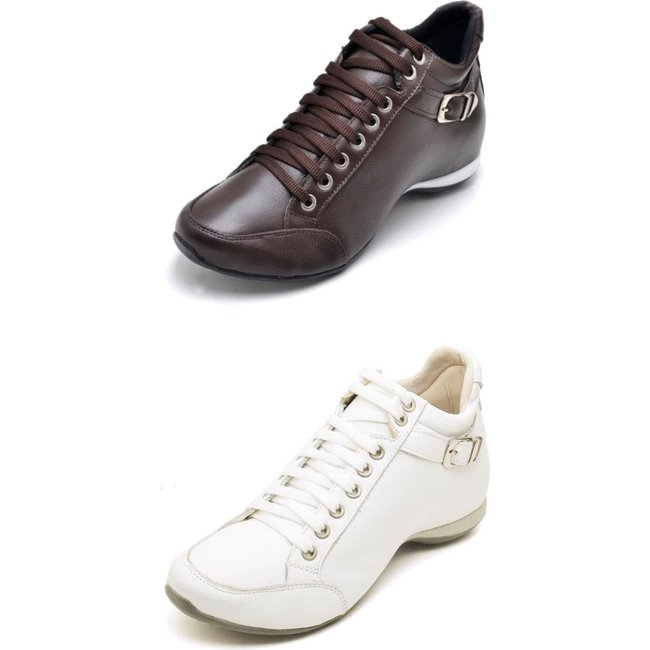Kit 02 Botas Feminina Cano Curto Couro Esportiva Peccato DFT Kit Top Confort 2 Fivela Café/Branco Marrom/Branco