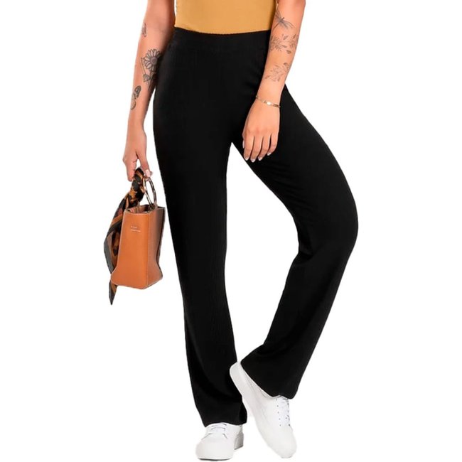 Calça Feminina Cativa Pantalona Canelada Texturizada Preto