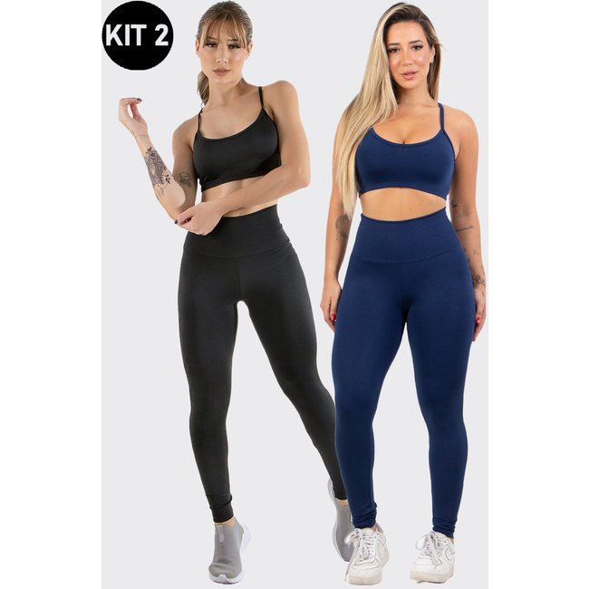 Kit 2 Conjuntos Feminino Fitness Top alça fina e Calça Legging Lisa Treino Academia 4 Estações Azul Marinho/Preto - 90% poliéster, 10% elastano, Costuras duplas, Não desbota