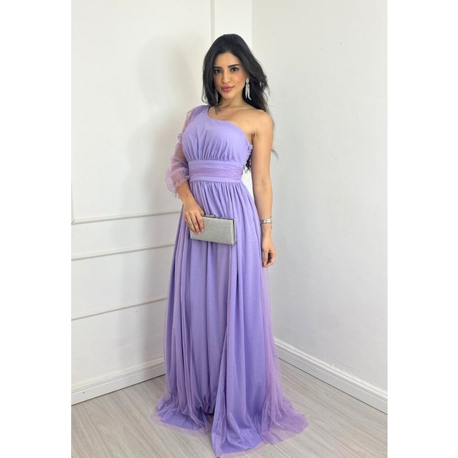 Vestido Longo de Festa Madrinhas Micro Tule Com uma Manga Transparente Claudiely Lavanda Lilás