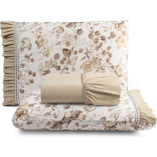 Jogo Cama Lençol Fiore Casa Scarpa King Estampado 180 Fios 100% Algodão com Babadinho 3 Peças Bege Floral