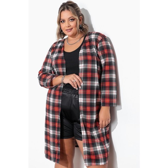 Cardigan Plus Size Xadrez Vermelho Marguerite