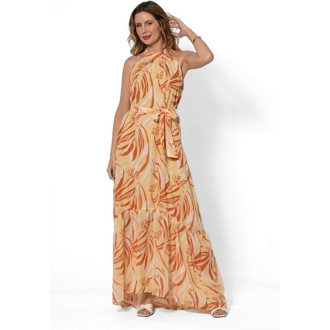 Vestido Bisô Longo Babado Estampado Amarelo - Amarelo