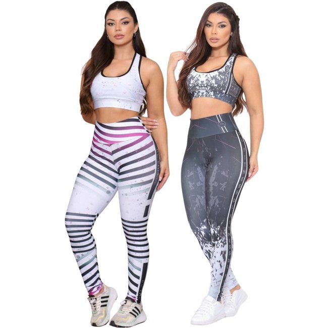 Kit 2 Conjuntos Fitness Top e Calça Feminina para Academia Não Transparente Cintura Alta Linha Premium