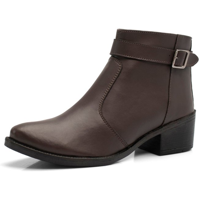 Bota Feminina RR Botas Com Fivela e Zíper Lateral Chelsea Salto 4cm Baixo Country Coturno Confortável Cano Curto Café Marrom