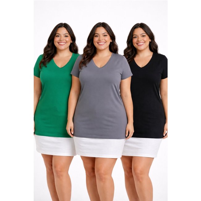 Kit Com 3 Camisas Baby Look D Bell Outlet Fashion Plus Size Verde