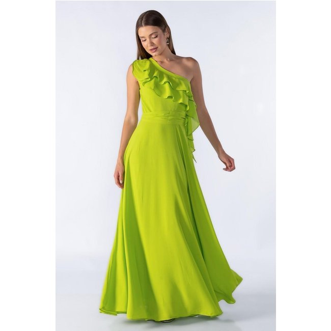 Vestido longo manga nula com babado Verde