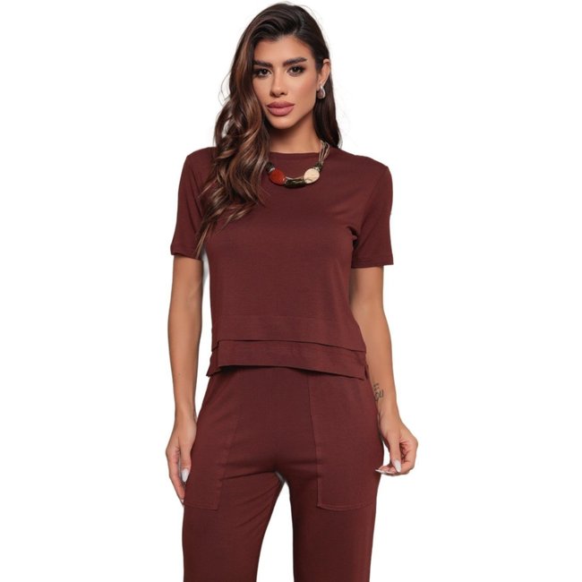 Conjunto Blusa Manga Curta e Calça Dellamarca Casual Comfort Marrom