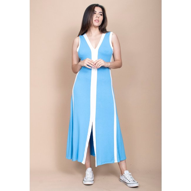 Vestido Cabanafree Midi Fenda Frontal Color Block Azul