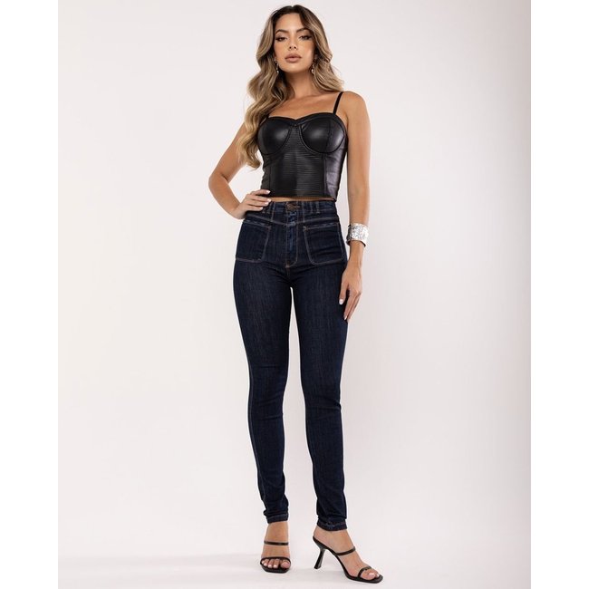 Calça Jeans Skinny Feminina Cintura Alta Bolsos Frontais 23060 Escura Consciência