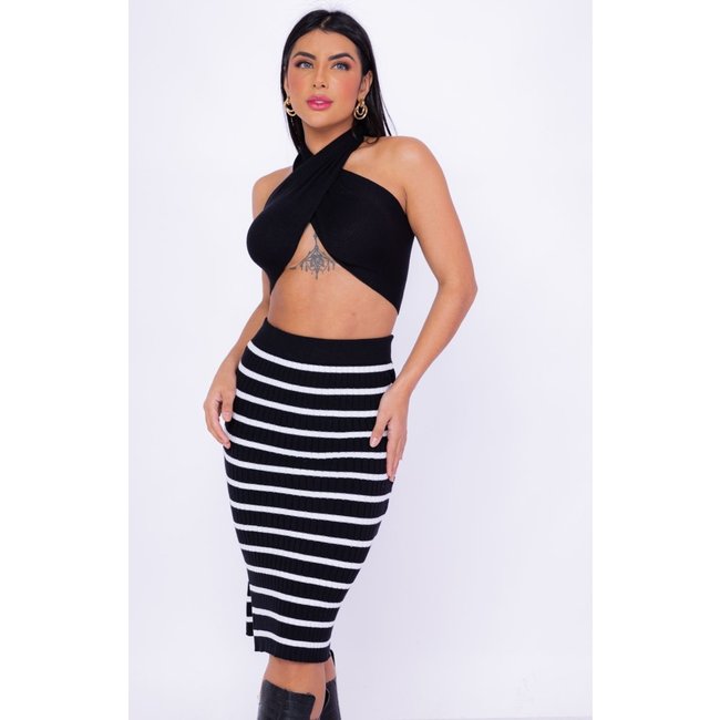 Saia Midi Tricot Modal com Fenda Listrada Preto e Branco
