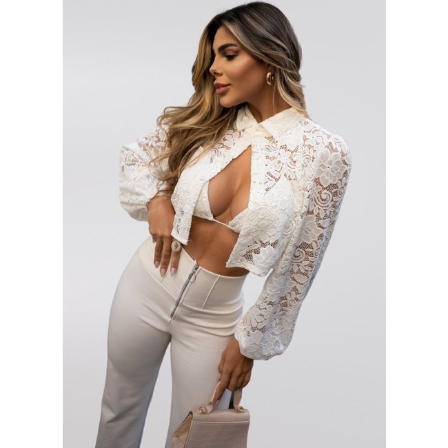 Camisa Cropped Renda Transparência + Top Off White