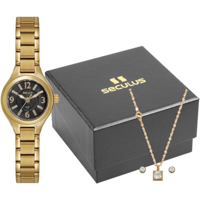 Kit Relógio Seculus Feminino Madrepérola Dourado Colar e Brincos Seculus