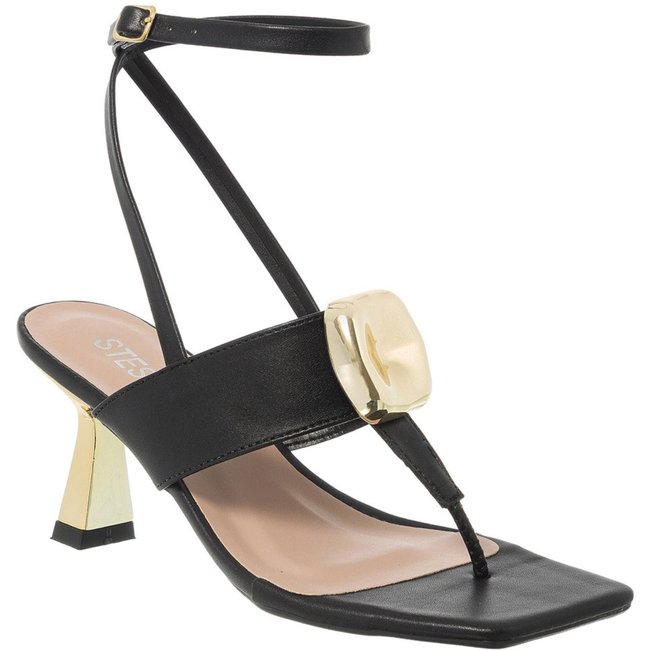 Sandália Feminina Stessy Shoes Salto Taça Baixo Enfeite Bloco Casual Luxo Preta