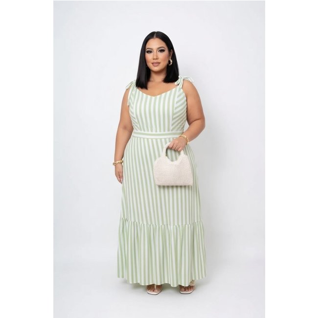 Vestido Longo Plus Size D Bell Outlet Fashion Listrado Alça Amarração Verde
